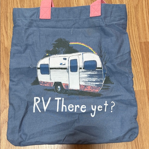 Handbags - Blue Tote Bag with RV Print and Pink Handles